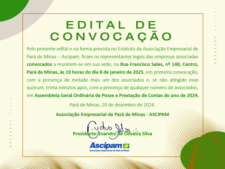 Ascipam convoca Assembleia Geral Ordinária para posse da nova diretoria