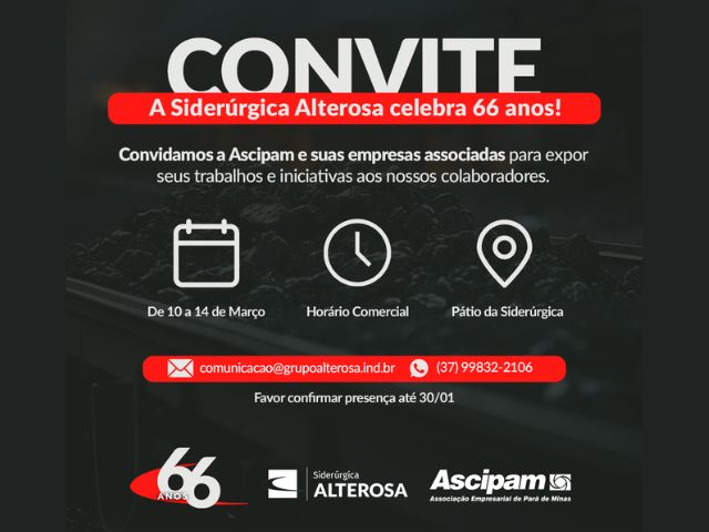Siderúrgica Alterosa completa 66 anos em 2025 e convida associados à Ascipam a participarem de semana comemorativa